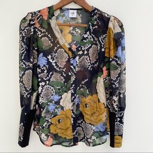 CAbi Snake Charmer Blouse puff sleeves moody dark floral style 3762 size XS